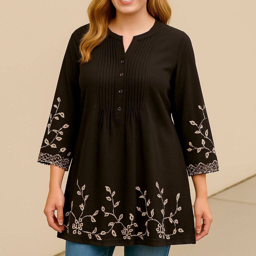 Reborn Pintuck Tunic Top w Floral Embroidery detail Y2K Size Med